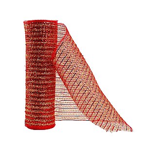 Tela Decorativa Fita Natal Malha Tule Listras Vermelho e Dourado 26cm x 5 metros – Magizi