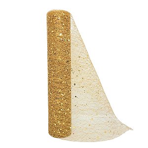 Tela Decorativa Fita Natal Malha Dourado Lantejoulas Brilho Luxo 24cm x 5 metros – Magizi