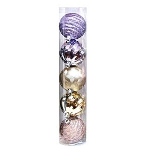 Kit 5 Bolas Mistas Premium Decoradas Natal Rosê Gold, Dourado e Lilás 6cm - Magizi