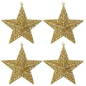 Kit 4 Estrelas Glitter Vazado Dourado Natal Gold 3D 18cm - Magizi