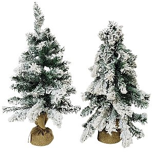 Jogo 2 Pinheiros Enfeite de Mesa Nevado Rústico Luxo Base Linho Juta 60cm - Bela Flor
