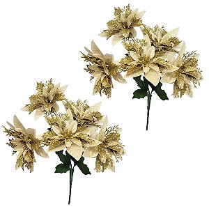 Jogo 2 Buquês Flor Bico de Papagaio Dourado Glitter Luxo 30cm 5 Flores - Nataluz