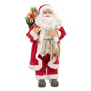 Papai Noel Decorativo Casaco Vermelho Veludo e Barba Luxo Ski Madeira 60cm - Bela Flor