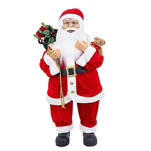 Papai Noel Casaco Vermelho Veludo Luxo 80cm com Urso e Saco de Presentes - Bela Flor
