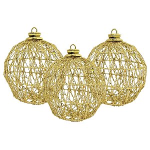 Jogo 3 Bolas Natal Trançado Luxo Dourado Glitter e Lantejoula 10cm - Bela Flor