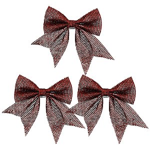 Jogo 3 Laços Telado Glitter e Lantejoula Vermelho Natal 10cm - Magizi