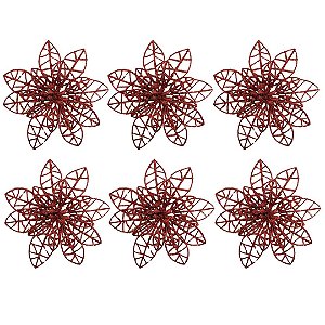 Jogo 6 Flores Natal Bico de Papagaio Vazado Glitter Vermelho 12cm - Bela Flor
