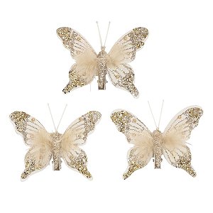 Kit 3 Borboletas Decoradas Glitter Champanhe Plumas Luxo 12cm - Magizi