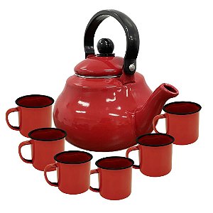 Conjunto Esmaltado Chaleira  Vermelho 1500ml  6 Mini Canecas