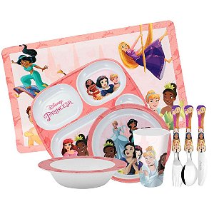 Kit Refeição Infantil Princesas Disney 8 Peças Pratos, Copo, Jogo Americano e Talheres - Tuut