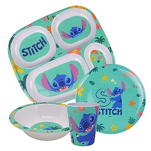 Jogo Refeição Infantil Melamina Stitch Disney 4 Peças Pratos, Tigela e Copo- Tuut