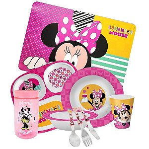 Kit Refeição Infantil Minnie 9 Peças Pratos, Tigela, Copo, Lugar Americano e Talheres - Tuut