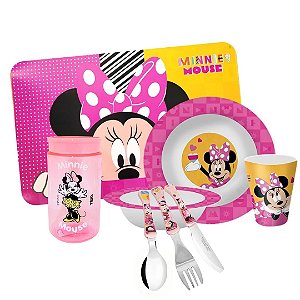 Kit Refeição Infantil Minnie 8 Peças Melamina Prato, Tigela, Copo, Lugar Americano e Talheres - Tuut