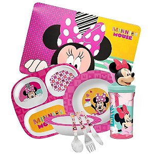 Kit Refeição Infantil Minnie 8 Peças Pratos, Tigela, Copo 3D, Lugar Americano e Talheres - Tuut