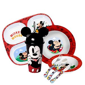 Kit Refeição Infantil Mickey Disney 7 Peças Pratos, Bandeja, Copo e Talheres - Tuut