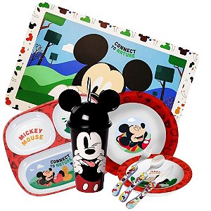 Kit Refeição Infantil Mickey Disney 8 Peças Pratos, Bandeja, Copo e Talheres - Tuut