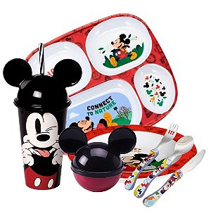 Kit Refeição Infantil Mickey Disney 7 Peças Pratos, Bandeja, Copo e Talheres - Tuut