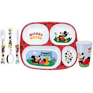Kit Prato Refeição Infantil 4 Divisórias, Copo Melamina e Talheres Mickey Disney - Tuut