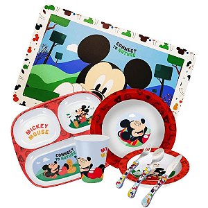 Kit Refeição Infantil Mickey Mouse Disney 8 Peças Melamina Pratos, Tigela, Copo e Lugar Americano - Tuut