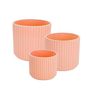 Conjunto 3 Vasos Cachepot Cerâmica Frisado Dolamita Salmão - Tuut