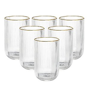 Jogo 6 Copos Versalhes Gold Vidro Filete Borda Dourada 420ml - Lehaví