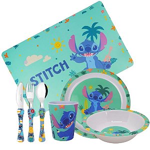 Jogo Refeição Infantil Melamina Stitch Disney 7 Peças Incluso Talheres Inox - Tuut