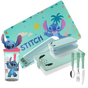 Conjunto Refeição Infantil Stitch Disney 9 Peças Estojo, Potes, Talheres, Copo 3D e Jogo Americano