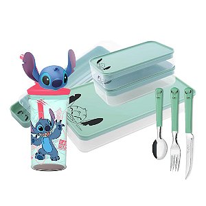 Conjunto Refeição Infantil Stitch Disney 8 Peças Estojo, Potes, Talheres e Copo 3D Com Canudo