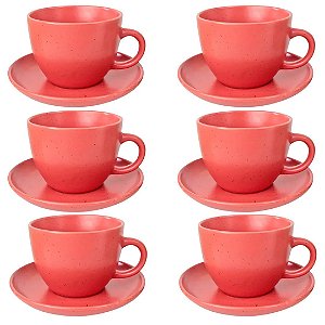 Jogo de Xícaras com Pires para Chá em Cerâmica Vermelho Fosco 210ml 6 Unidades - Casita