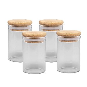 Kit 4 Porta Mantimento Vidro Borossilicato Tampa Hermética Bambu 90ml - Wolff