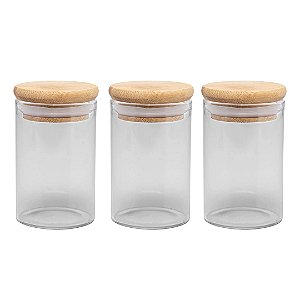 Jogo 3 Porta Mantimento Vidro Borossilicato Tampa Hermética Bambu 90ml - Wolff