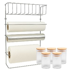 Suporte Organizador Aço Cromado Porta Rolos e 5 Potes Vidro Hermético Borossilicato Tampa Bambu 90ml - Mundial Casa