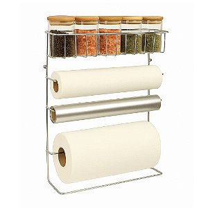 Suporte Organizador 4 em 1 Porta Rolos em Aço Cromado com 5 Potes Porta Temperos Tampa Bambu 90ml - Mundial Casa