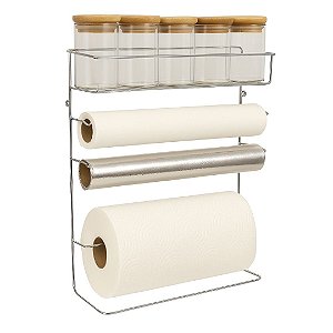 Suporte Organizador Aço Cromado Porta Rolos e 5 Potes Vidro Hermético Borossilicato Tampa Bambu 90ml - Aramig