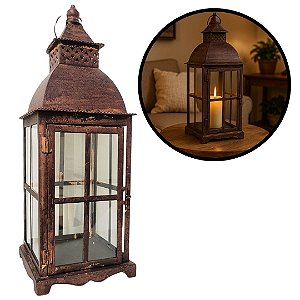 Lanterna Decorativa Ferro Envelhecido Rústico e Vidro 52cm x 19cm - Empório Decor