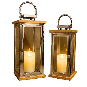 Jogo 2 Lanternas Decorativa Iluminada Inox e Madeira 60cm e 43cm com Vela LED - Empório Decor