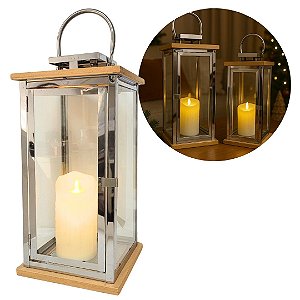 Lanterna Decorativa Iluminada Inox e Madeira Grande 60cm com Vela LED - Empório Decor