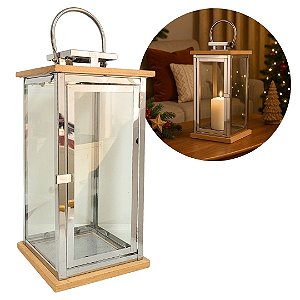 Lanterna Decorativa Luxo Inox e Madeira Prime Grande 60cm x 24cm - Empório Decor