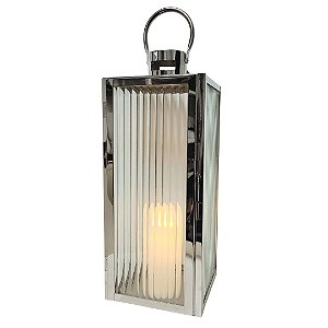 Lanterna Decorativa Iluminada Inox e Vidro Canelado Luxo 40cm e Vela LED - Mabruk