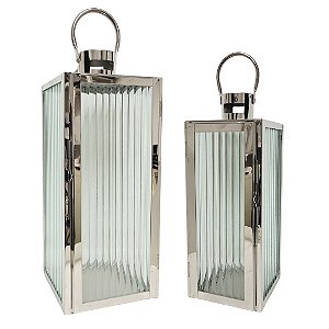 Jogo 2 Lanternas Decorativa Inox e Vidro Canelado Luxo 49cm e 38cm - Mabruk