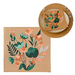 Guardanapo Estampado Flores Verde e Laranja Folhas Duplas 33cm 20 Folhas - Tuut