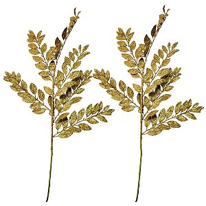 Kit 2 Galhos Haste Folhagem Natalina Decorativa Dourado Glitter Brilhante 45cm - Bela Flor