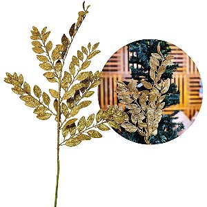 Galho Haste Folhagem Natalina Decorativa Dourado Glitter Brilhante 45cm - Bela Flor