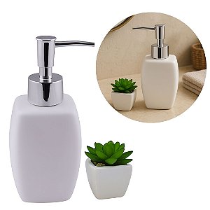 Conjunto Porta Sabonete Líquido Porcelana Branca e Vaso Decorativo Suculenta Artificial - Tuut