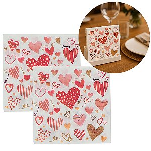 Kit Guardanapo Estampado Corações Branco e Vermelho 40 Folhas 16cm - Tuut