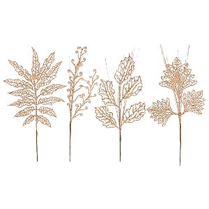 Conjunto 4 Galhos Natalinos Folhagem Decorativa Glitter Rosê 30cm - Magizi