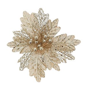 Flor Bico de Papagaio Natal Pick Recort Glitter Champanhe 25cm - Magizi