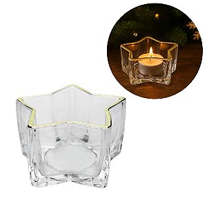 Porta Velas Castiçal Estrela Vidro Borda Dourada 10cm - Tuut