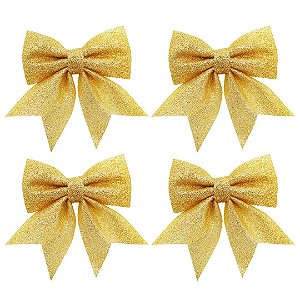 Kit Laço Glitter Dourado Natal 13cm 4 Unidades - Magizi
