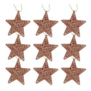 Conjunto 9 Estrelas Tridimensional Glitter Arabesco Natal Rosê Gold 9cm - Magizi